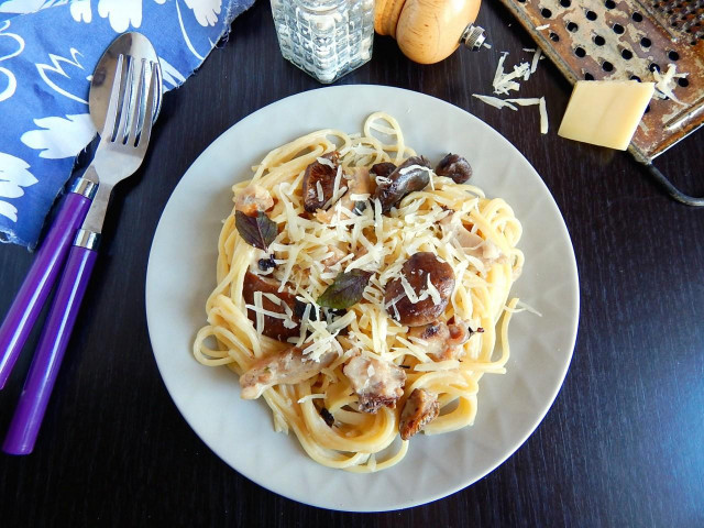 Спагетті з куркою і грибами у вершковому соусі рецепт з фото покроково 