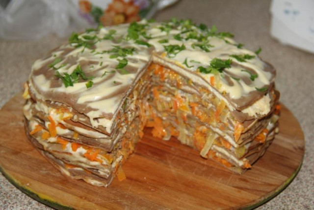 Торт з курячої печінки з сиром, майонезом і зеленню рецепт з фото покроково 