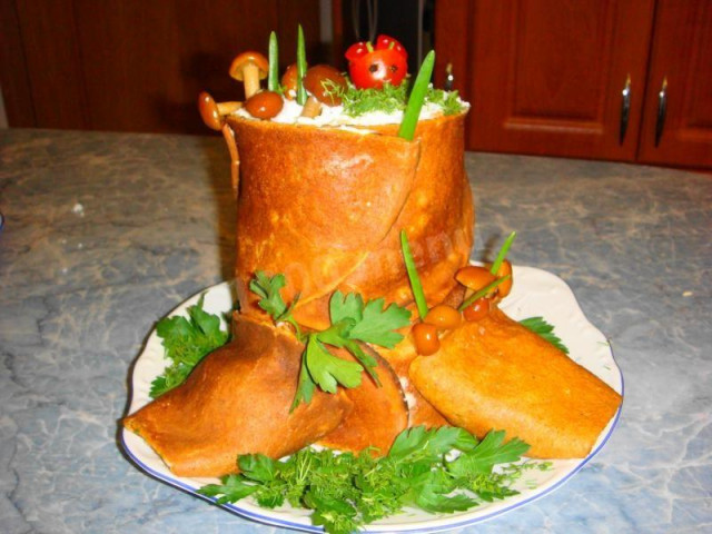 Грибний салат пеньок з опеньками і шинкою і млинцями рецепт з фото покроково 