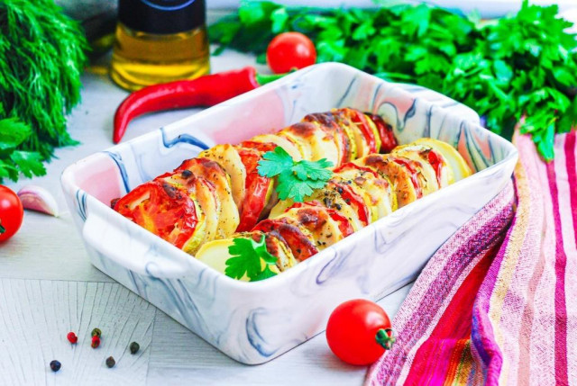 Картопля з кабачками і помідорами в духовці рецепт з фото покроково 