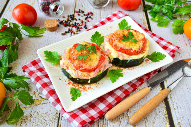 Кабачки з ковбасою і сиром з помідорами в духовці рецепт з фото покроково 