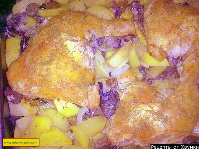 Курячі стегенця з картоплею і грибами в духовці рецепт з фото покроково 
