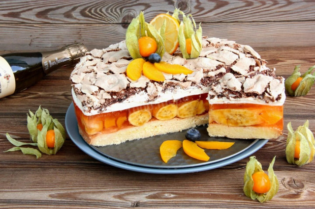 Вершково-желейний торт з фруктами і меренгою рецепт з фото покроково 