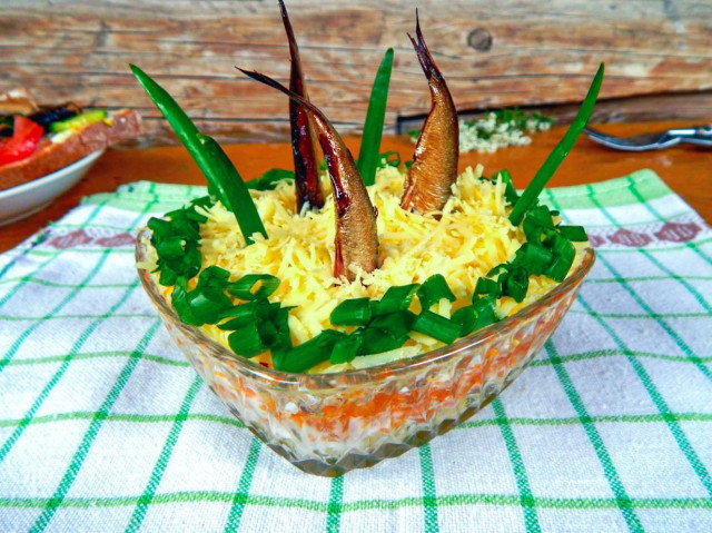 Салат рибки в ставку зі шпротами рецепт з фото покроково 