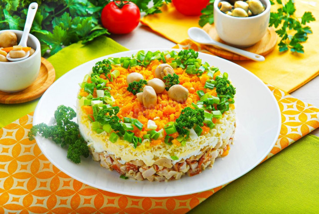 Салат з копченою грудкою і грибами маринованими рецепт з фото покроково 