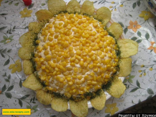 Салат Соняшник з кукурудзою і грибами рецепт з фото покроково 