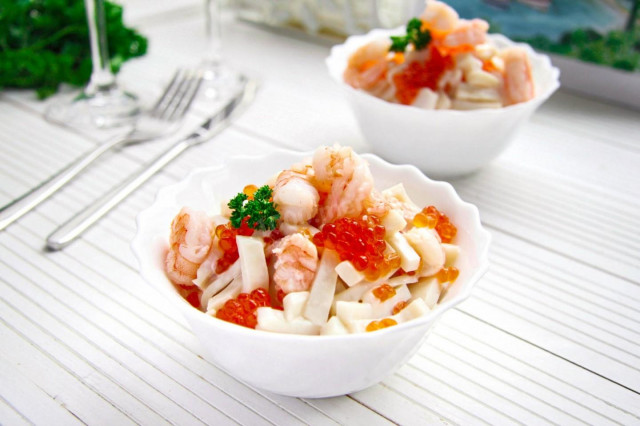Салат креветки кальмари червона ікра рецепт з фото покроково 