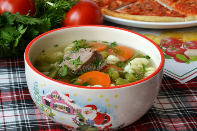 Суп із стручкової квасолі з макаронами і м'ясом рецепт з фото 