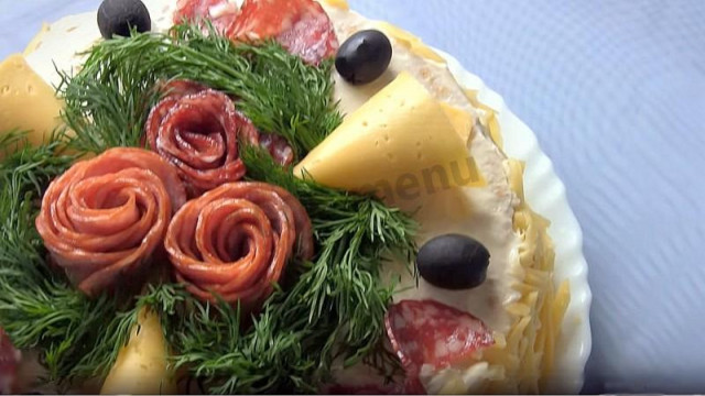 Закусочний торт Наполеон з шинкою, сиром і грибами рецепт з фото покроково і відео 